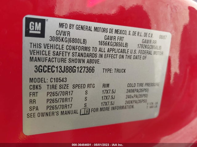2008 CHEVROLET SILVERADO 1500 LT W/1LT VIN: 3GCEC13J88G127366