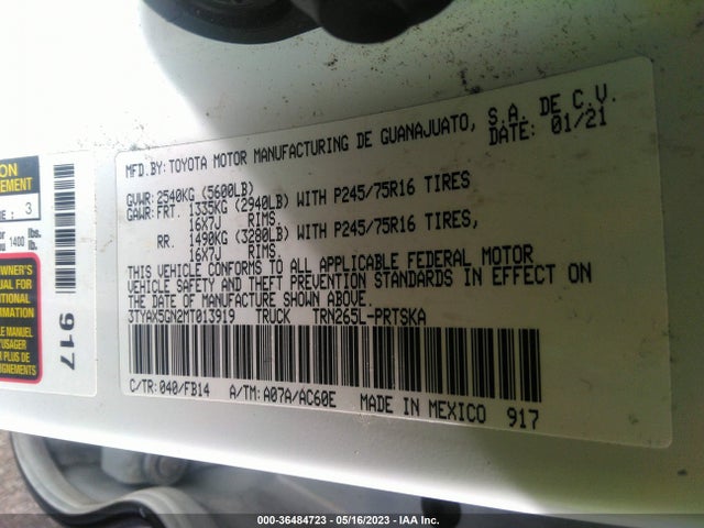 2021 TOYOTA TACOMA 2WD SR/SR5 VIN: 3TYAX5GN2MT013919