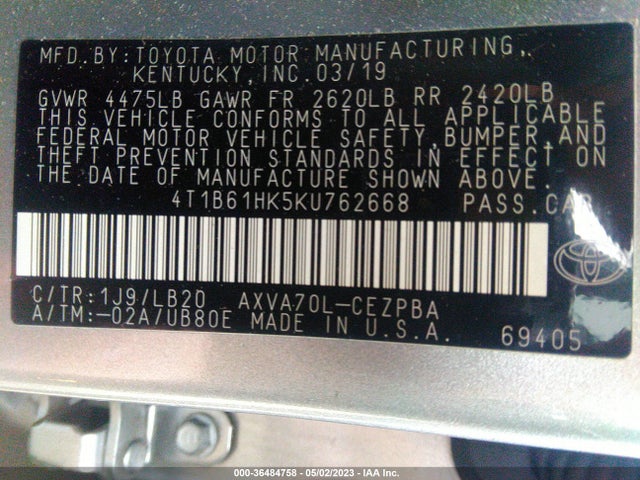Toyota CAMRY XSE 2019 4T1B61HK5KU762668 Image 10