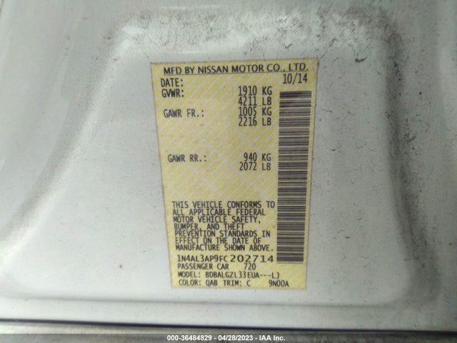 36484829 :رقم المزاد ، 1N4AL3AP9FC202714 vin ، 2015 Nissan Altima 2.5 S مزاد بيع
