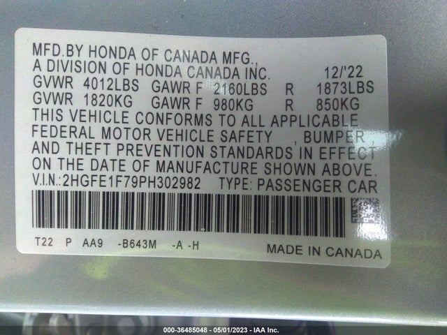 2023 HONDA CIVIC SEDAN EX VIN: 2HGFE1F79PH302982