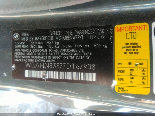 2007 BMW 7 SERIES 750LI VIN: WBAHN83577DT67908
