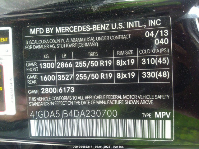 2013 MERCEDES-BENZ M-CLASS ML 350 VIN: 4JGDA5JB4DA230700
