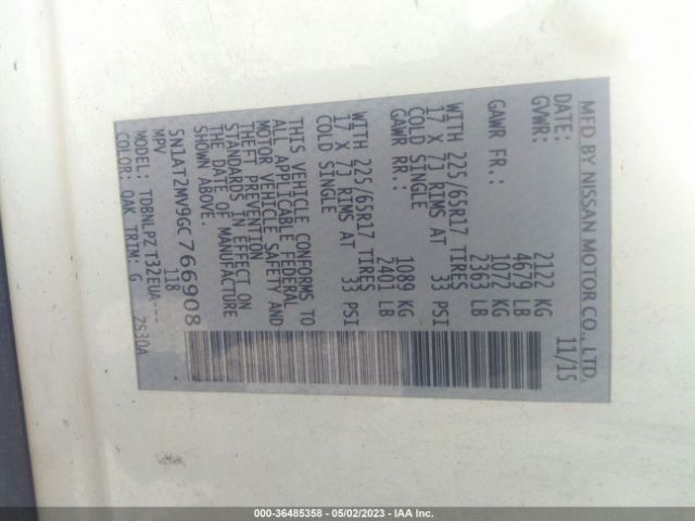 5N1AT2MV9GC766908 Nissan Rogue Sv/sl/s