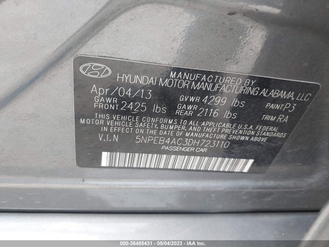 2013 HYUNDAI SONATA GLS VIN: 5NPEB4AC3DH723110