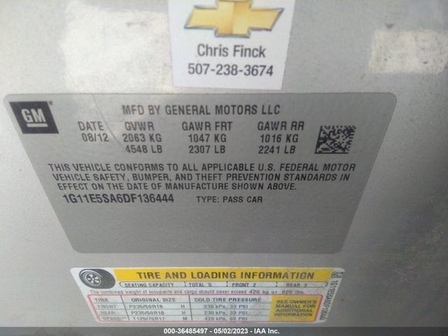 2013 CHEVROLET MALIBU LT VIN: 1G11E5SA6DF136444