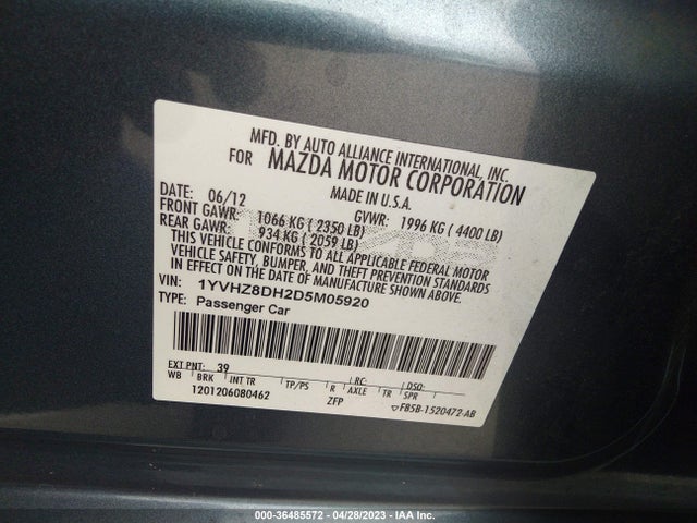 2013 MAZDA MAZDA6 I TOURING VIN: 1YVHZ8DH2D5M05920
