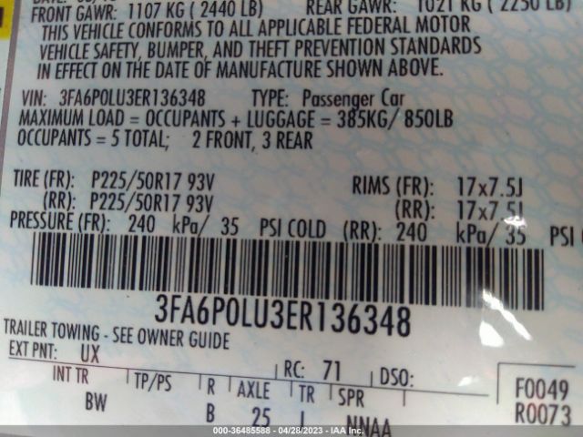 3FA6P0LU3ER136348 Ford Fusion Se Hybrid