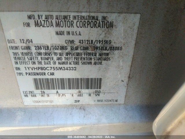 2005 MAZDA MAZDA6 I VIN: 1YVHP80C755M34332