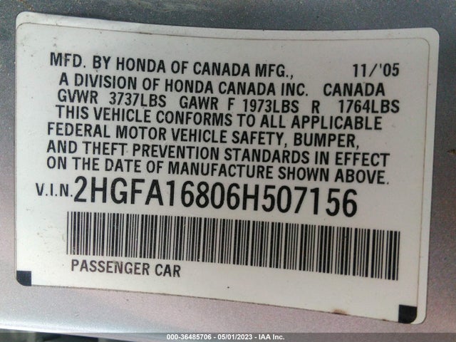 2006 HONDA CIVIC SDN EX VIN: 2HGFA16806H507156