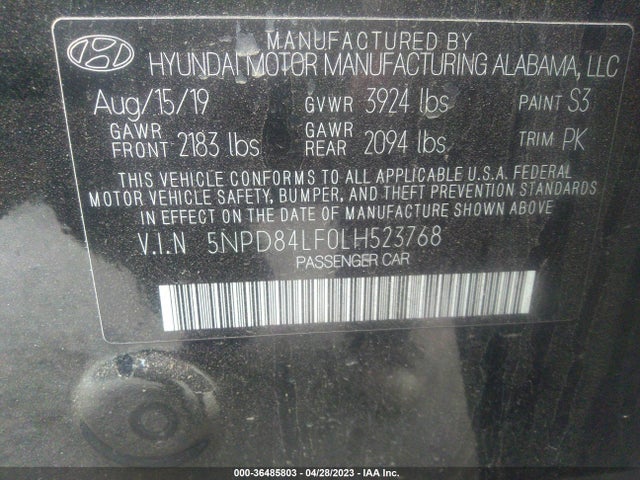 2020 HYUNDAI ELANTRA SEL VIN: 5NPD84LF0LH523768