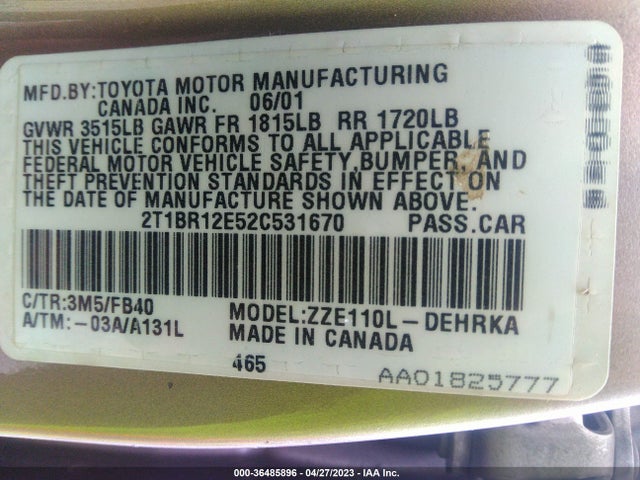 2002 TOYOTA COROLLA CE/S/LE VIN: 2T1BR12E52C531670