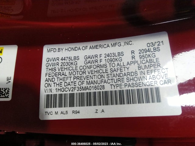 2021 HONDA ACCORD SEDAN SPORT VIN: 1HGCV2F35MA016028