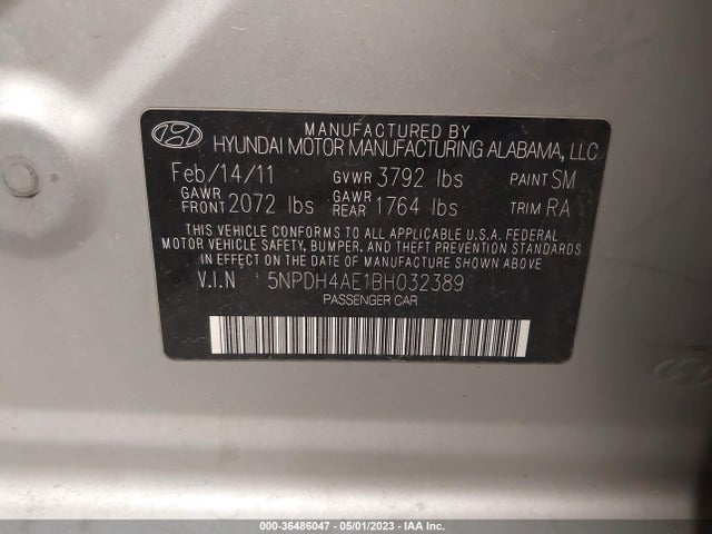 2011 HYUNDAI ELANTRA GLS VIN: 5NPDH4AE1BH032389