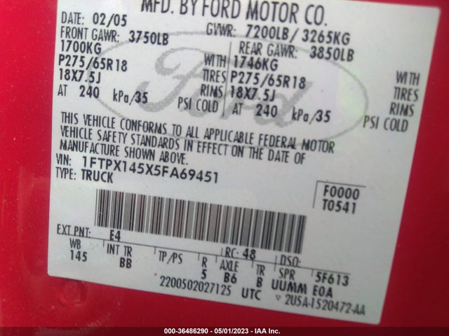 2005 FORD F-150 XLT/FX4/LARIAT/XL VIN: 1FTPX145X5FA69451