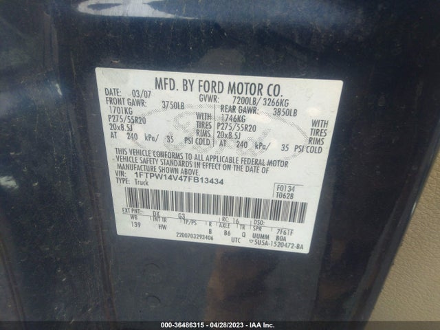 2007 FORD F-150 XLT/FX4/LARIAT/KING RANCH VIN: 1FTPW14V47FB13434