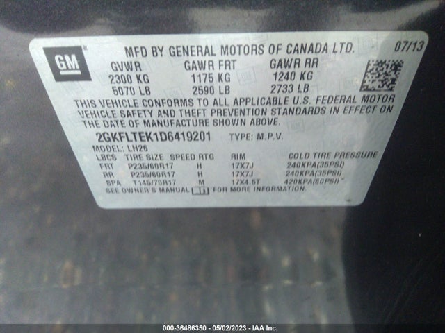 2013 GMC TERRAIN SLE VIN: 2GKFLTEK1D6419201