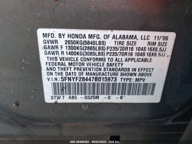 2007 HONDA PILOT EX VIN: 5FNYF28447B015973