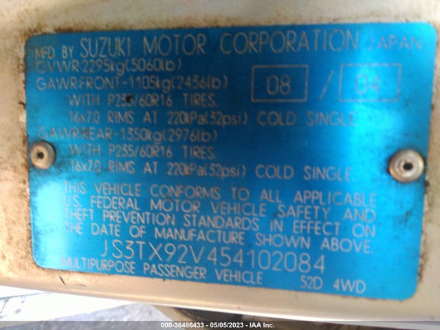 2005 SUZUKI XL-7 LX/EX VIN: JS3TX92V454102084