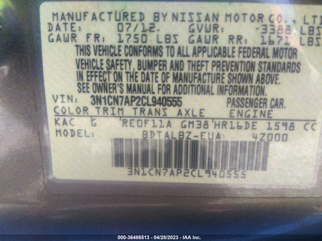 2012 NISSAN VERSA SV VIN: 3N1CN7AP2CL940555