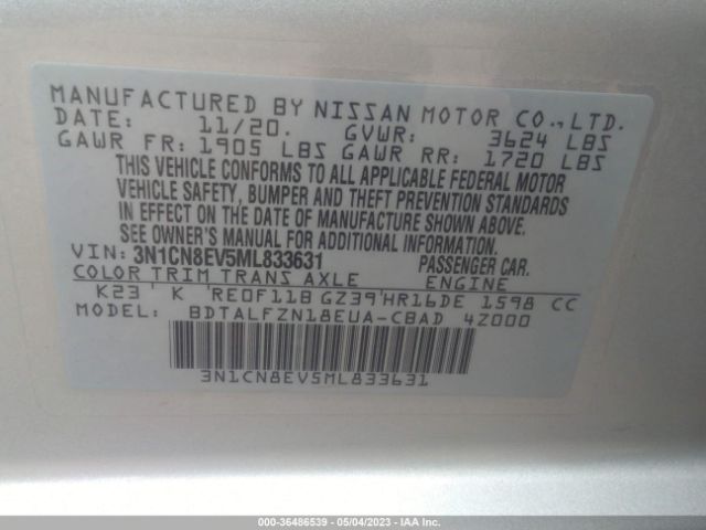 3N1CN8EV5ML833631 Nissan VERSA SV