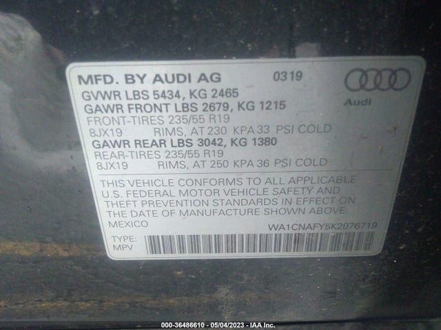 WA1CNAFY5K2076719 Audi Q5 Prestige