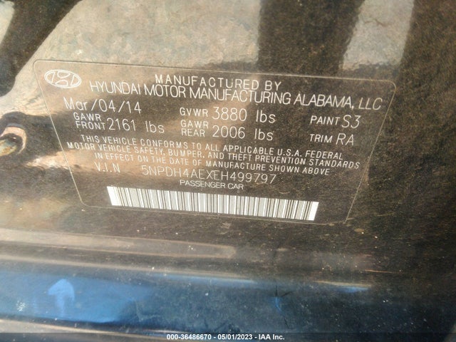 2014 HYUNDAI ELANTRA SE VIN: 5NPDH4AEXEH499797