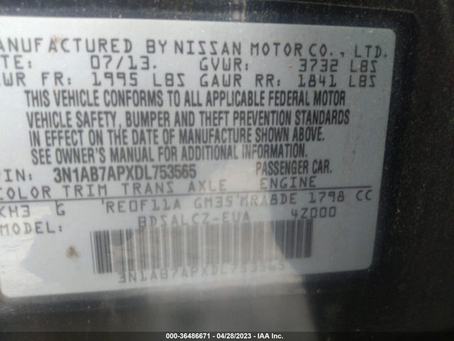 2013 NISSAN SENTRA S VIN: 3N1AB7APXDL753565