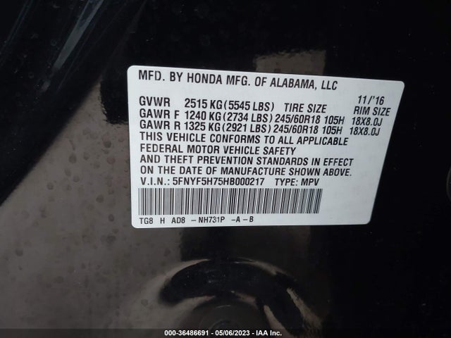 Honda Pilot Ex-l 2017 5FNYF5H75HB000217 Image 9