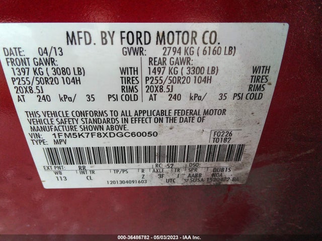 2013 FORD EXPLORER LIMITED VIN: 1FM5K7F8XDGC60050