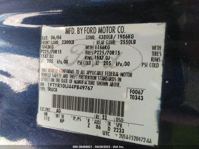 2004 FORD RANGER XL/XLT/EDGE VIN: 1FTYR10U44PB49767