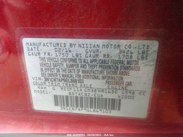 3N1CN7AP9GL869103 Nissan Versa S/s Plus/sl/sv