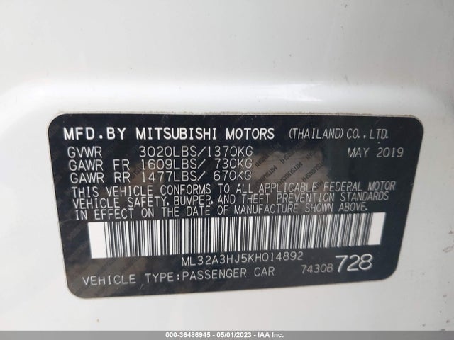 ML32A3HJ5KH014892 Mitsubishi Mirage Es/rf