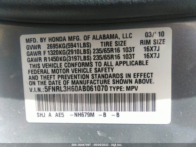 2010 HONDA ODYSSEY EX-L VIN: 5FNRL3H60AB061070
