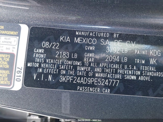 2023 KIA FORTE LXS VIN: 3KPF24AD9PE524777