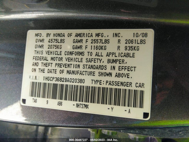 2009 HONDA ACCORD SDN EX-L VIN: 1HGCP36829A020380