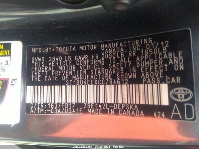 2012 TOYOTA COROLLA L/LE/S VIN: 2T1BU4EEXCC784612