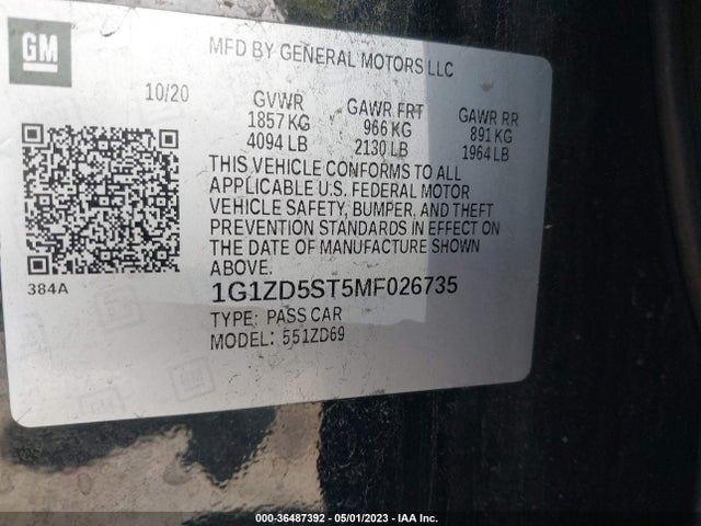 2021 CHEVROLET MALIBU LT VIN: 1G1ZD5ST5MF026735