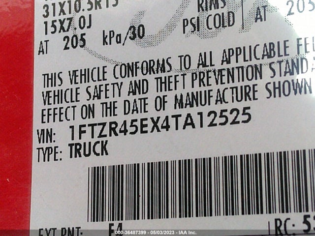 2004 FORD RANGER XL FLEET/XLT VIN: 1FTZR45EX4TA12525