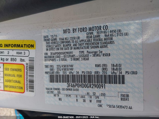 Ford FUSION SE 2016 3FA6P0HD0GR290091 Image 10