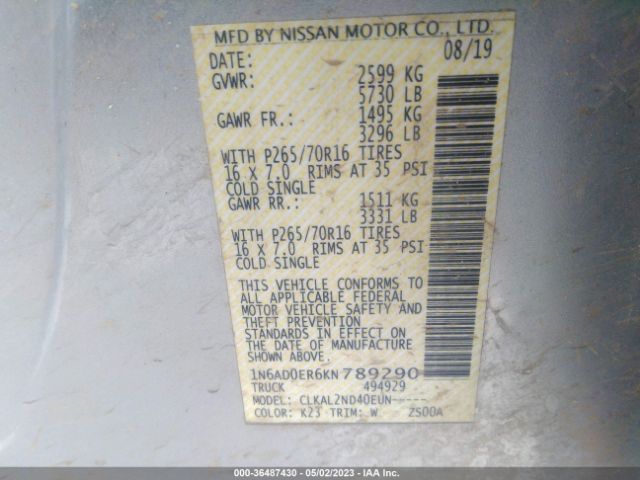 1N6AD0ER6KN789290 Nissan Frontier Sv