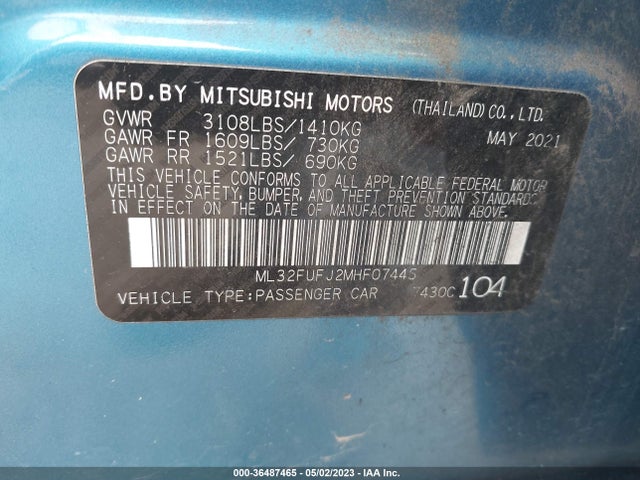 2021 MITSUBISHI MIRAGE G4 ES/LE/CARBONITE EDITION VIN: ML32FUFJ2MHF07445