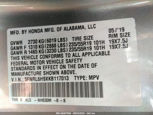 Honda Odyssey Elite 2019 5FNRL6H9XKB117013 Image 9