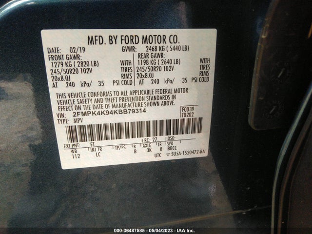 2019 FORD EDGE TITANIUM VIN: 2FMPK4K94KBB79314