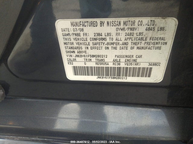2008 INFINITI G35 SEDAN X VIN: JNKBV61F58M280212