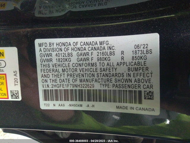 2022 HONDA CIVIC SEDAN EX VIN: 2HGFE1F79NH322629