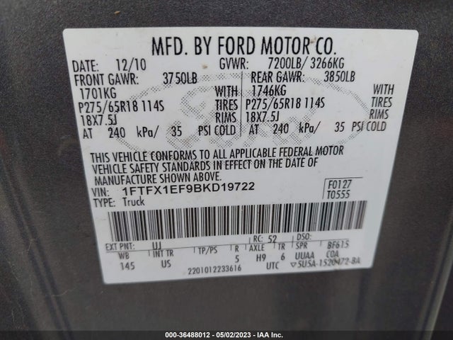 2011 FORD F-150 XL/STX/XLT/FX4/LARIAT VIN: 1FTFX1EF9BKD19722