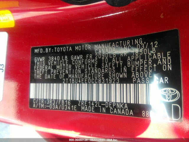 2012 TOYOTA COROLLA L/LE/S VIN: 2T1BU4EE0CC831923