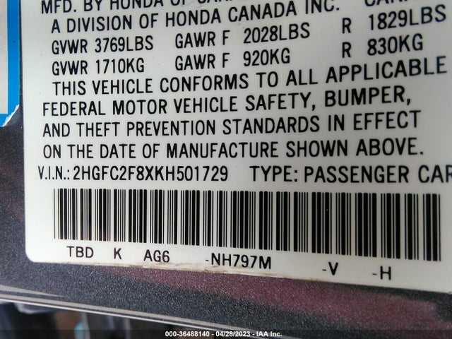 2019 HONDA CIVIC SEDAN SPORT VIN: 2HGFC2F8XKH501729