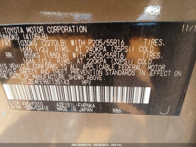 2011 SCION XB VIN: JTLZE4FE9B1135143